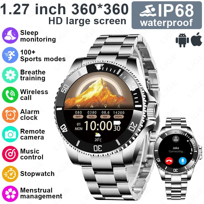 LIGE Original Stainless Steel Smart Watch for Men, IP68 Waterproof, Bluetooth Calls, Health Monitoring, HD Screen 1.27"