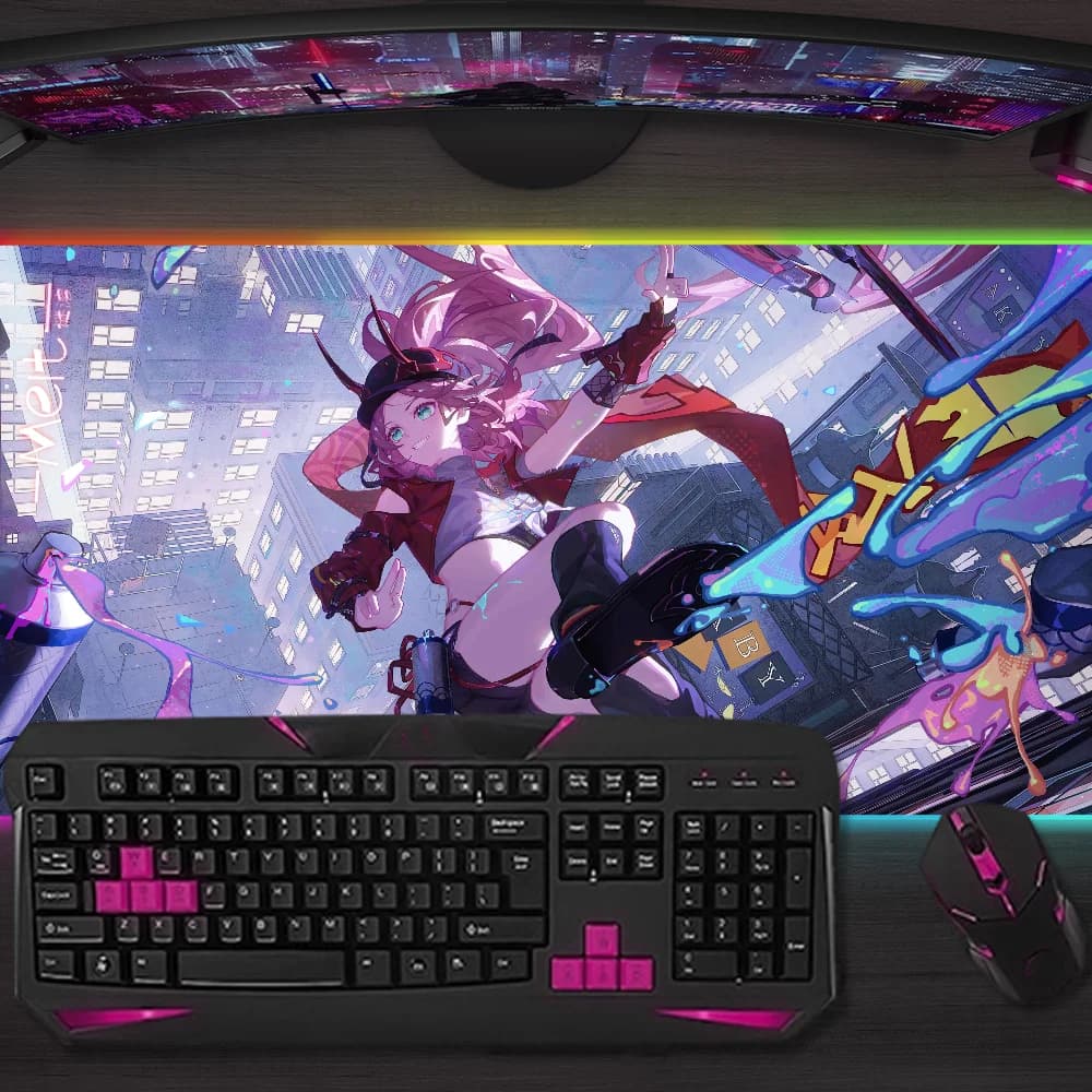 Tappetino per mouse da gioco H-Honkai Star Rail Rappa, tappetino da gioco con LED, tappetini da tavolo con retroilluminazione Micro USB, tappetini da scrivania RGB in gomma XXL
