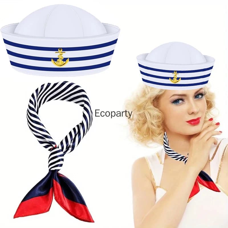 Set da Marinaio per Adulti con Cappello da Capitano a Righe Bianche e Sciarpa, Accessori per Feste a Tema Nautico e Halloween per Uomini e Donne