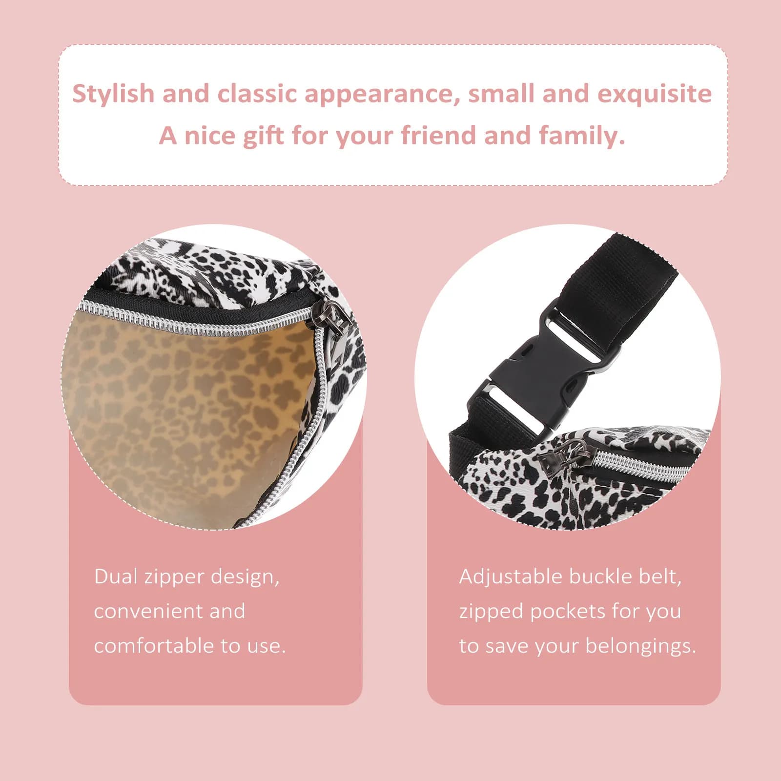 Marsupio con Doppia Cerniera, Stampa Leopardata Bianca e Nera, Piccolo Marsupio da Donna alla Moda, Cintura Regolabile, Tasche con Cerniera