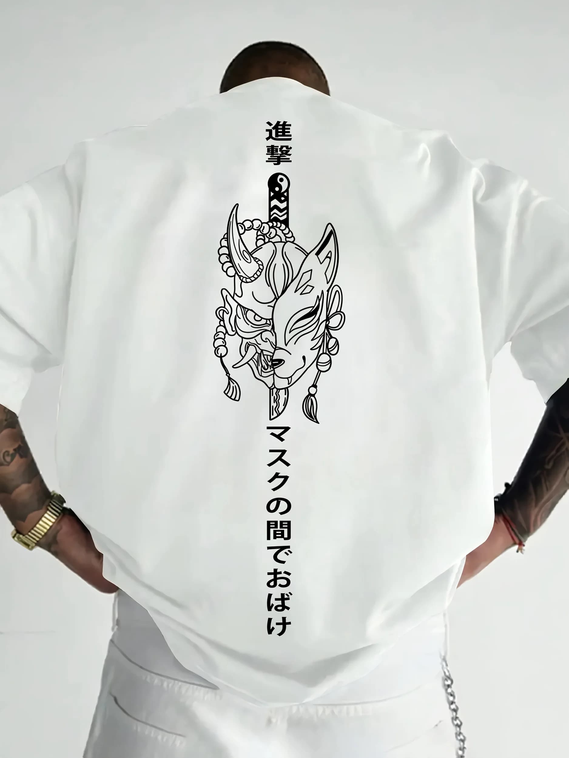 Men's Summer Casual Street-style Japanese-style Mask-patterned Print 100% cotton T-shirt Suitable for Outdoor Streetwear Wearing