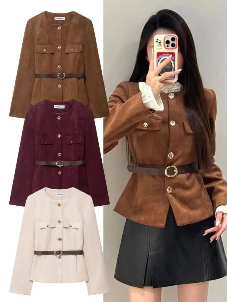 HH Fashion Blazer strutturato in pelle scamosciata corta da donna con cintura 2025 monopetto o-collo maniche lunghe decorare giacche da strada