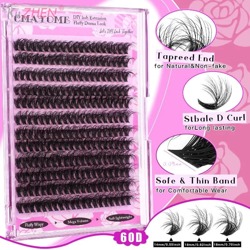 1 Pack of Extension Eyelashes in Synthetic 60-200D, Individual Cyuffs Grids 14-18mm, Natural Black Eyelashes with D Curve for Make-up
