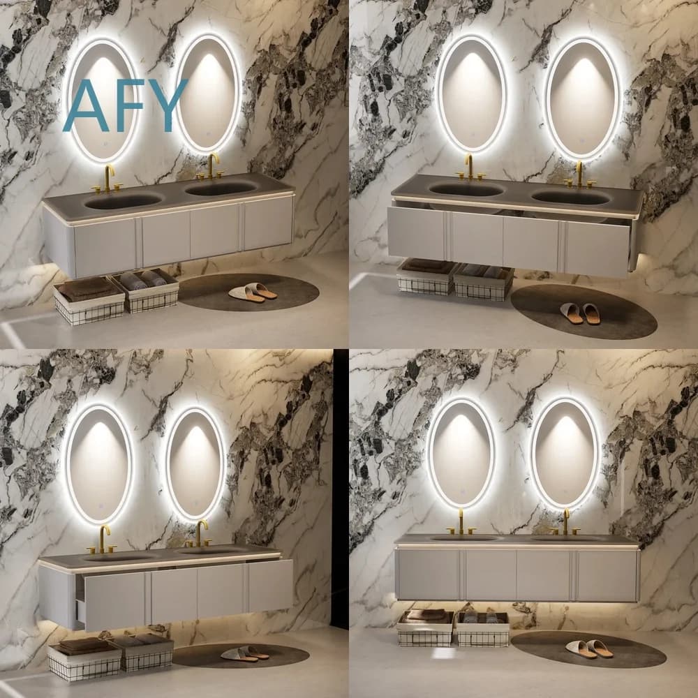 All-in-One Bathroom Vanity Cabinet with Double Basin for Modern Bathroom Decor Smart Cosmetic Mirror Washstand Solid Wood