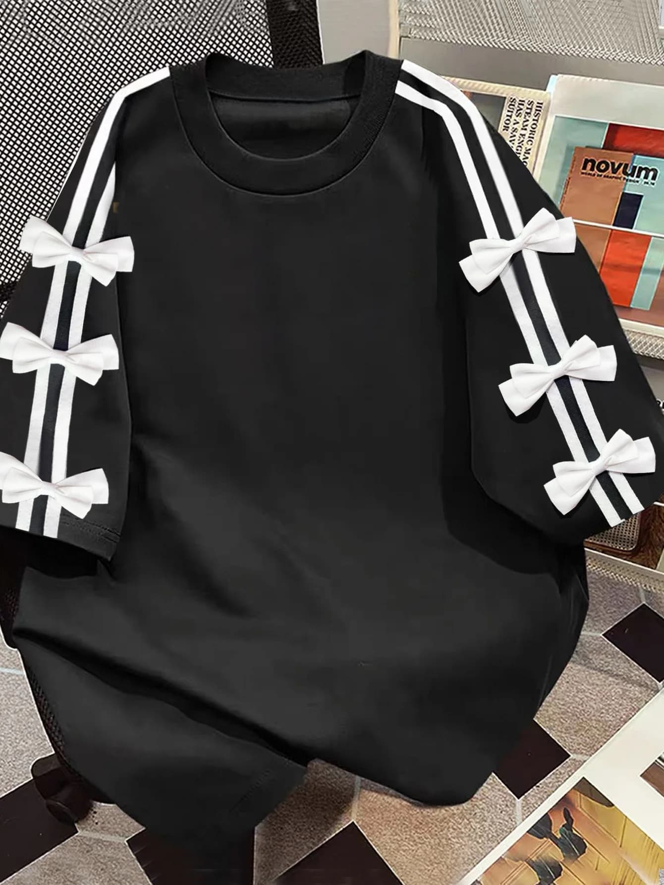 Chic Black Oversized T-Shirt 3D White Bow Side Stripe Detail Casual Summer Short Sleeve Top
