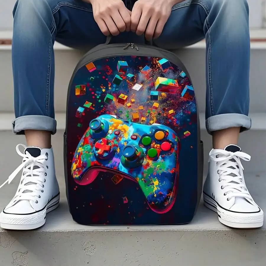 Vibrant Neon Gaming Controller Print Backpack 17 Inch Lightweight Unisex Daypack With Adjustable Straps Water Bottle Holder