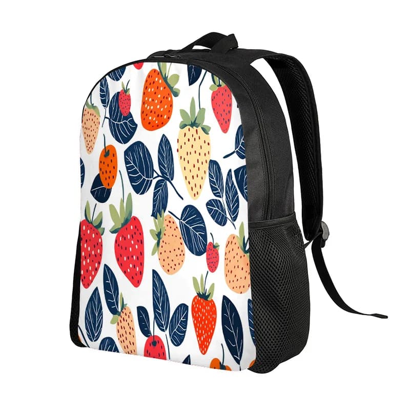 Light casual backpack with fresh strawberry pattern, perfect for travel and school