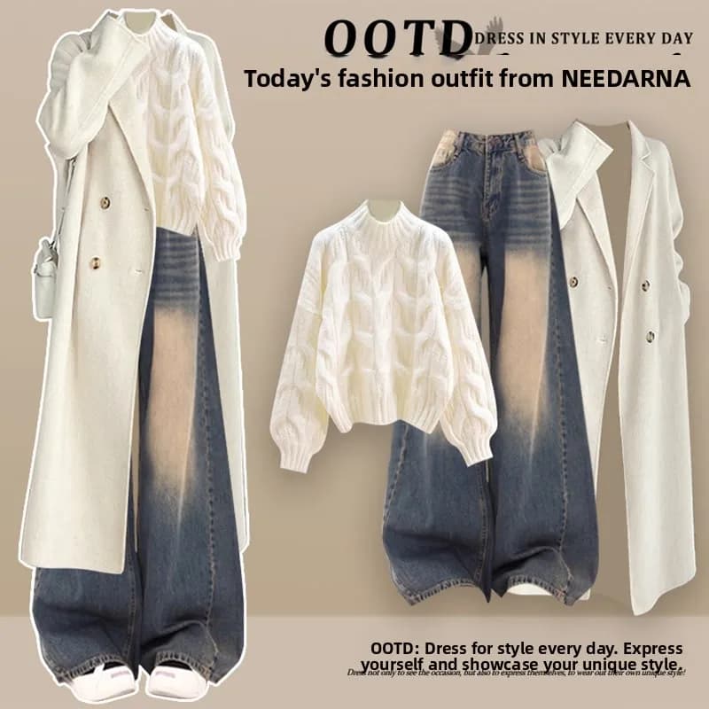 Set Maglione Lavorato a Maglia e Jeans Moda Autunno Inverno 2024, Completo Due Pezzi Vintage Snellente da Donna in Poliestere con Maniche Lunghe e Bottoni
