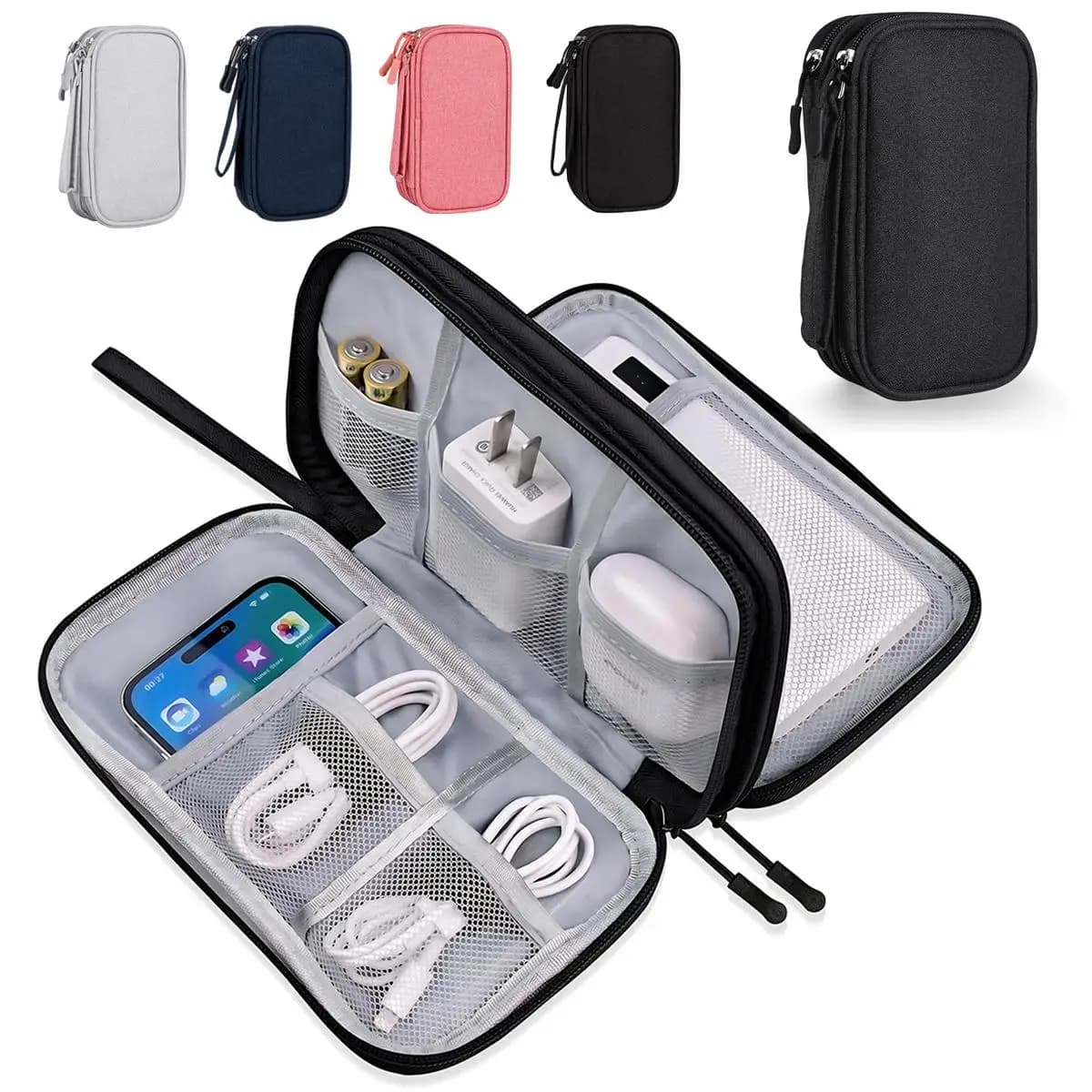Portable Travel Cable Organizer Bag Waterproof Double Layer Electronic Accessories Storage Case Wire Cord Management Zipper Pouch for Power Bank USB Charger Earphones Digital Gadget