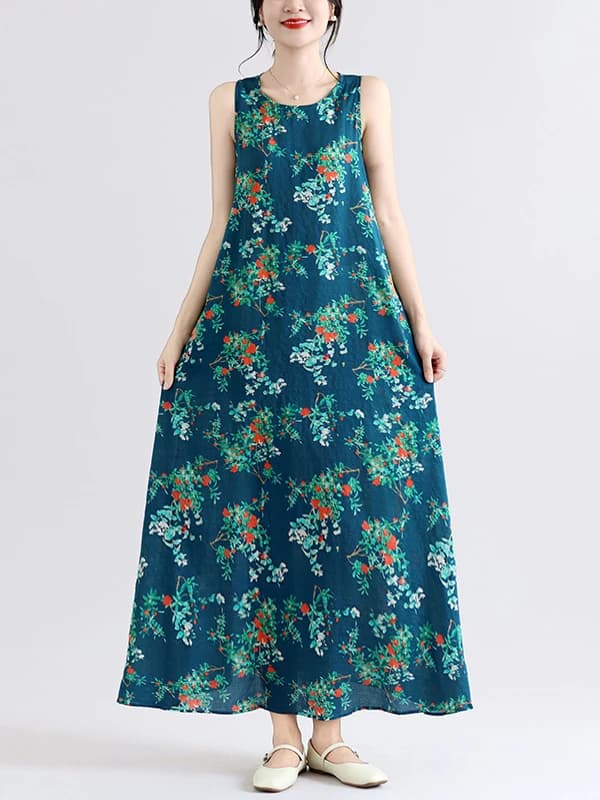 Bohemian Print Sleeveless round Neck Floral Dress Summer New Style Loose Women's Cotton Linen Gown Casual Elegant Style