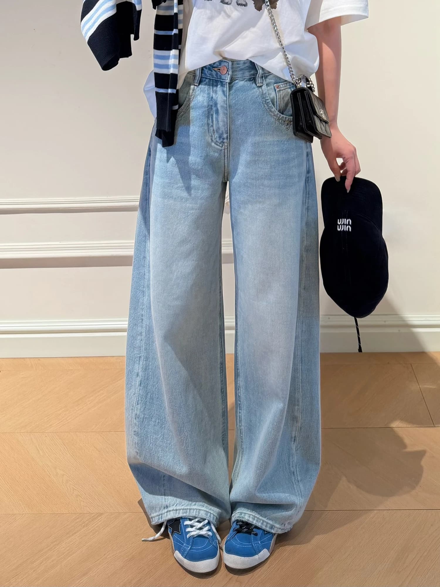 Cao Daman High Waist Wide Leg Jeans Women's Loose Feelings Long Pants Spring Autumn Season Pure Color Denim Casual Trousers