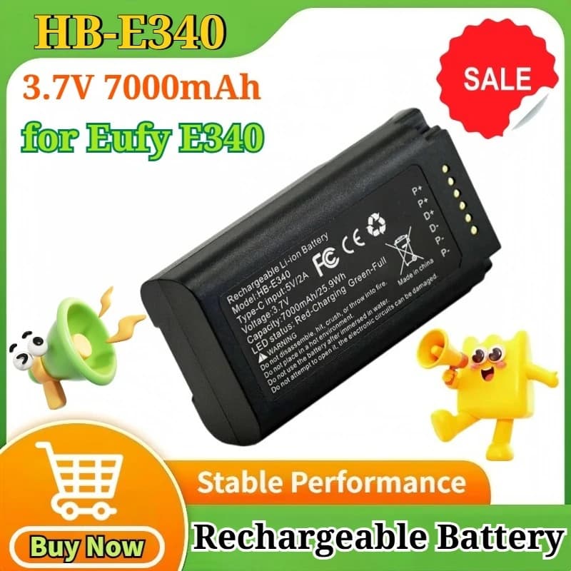 Batteria al Litio Ricaricabile HB-E340 3.7V 7000mAh per Videocitofono Eufy Security E340, Sostituzione Batterie per Serrature con USB-C