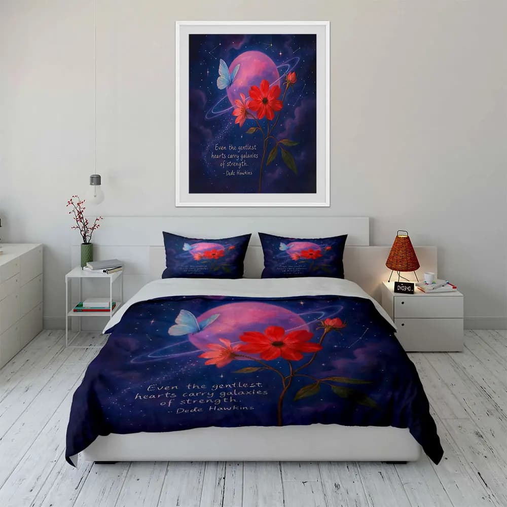 Galaxy Flowers and Butterfly Poster Set Bedding Set with 1 Duvet Cover 2 Pillowcases Single Double King Queen, Gift