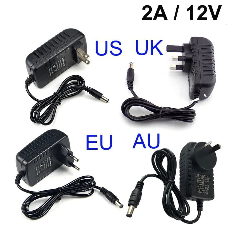Alimentatore Full Power 12V 2A con Spina US EU AU UK, Convertitore AC/DC 100-240V AC a DC 12V 24W 2000mA per CCTV e LED