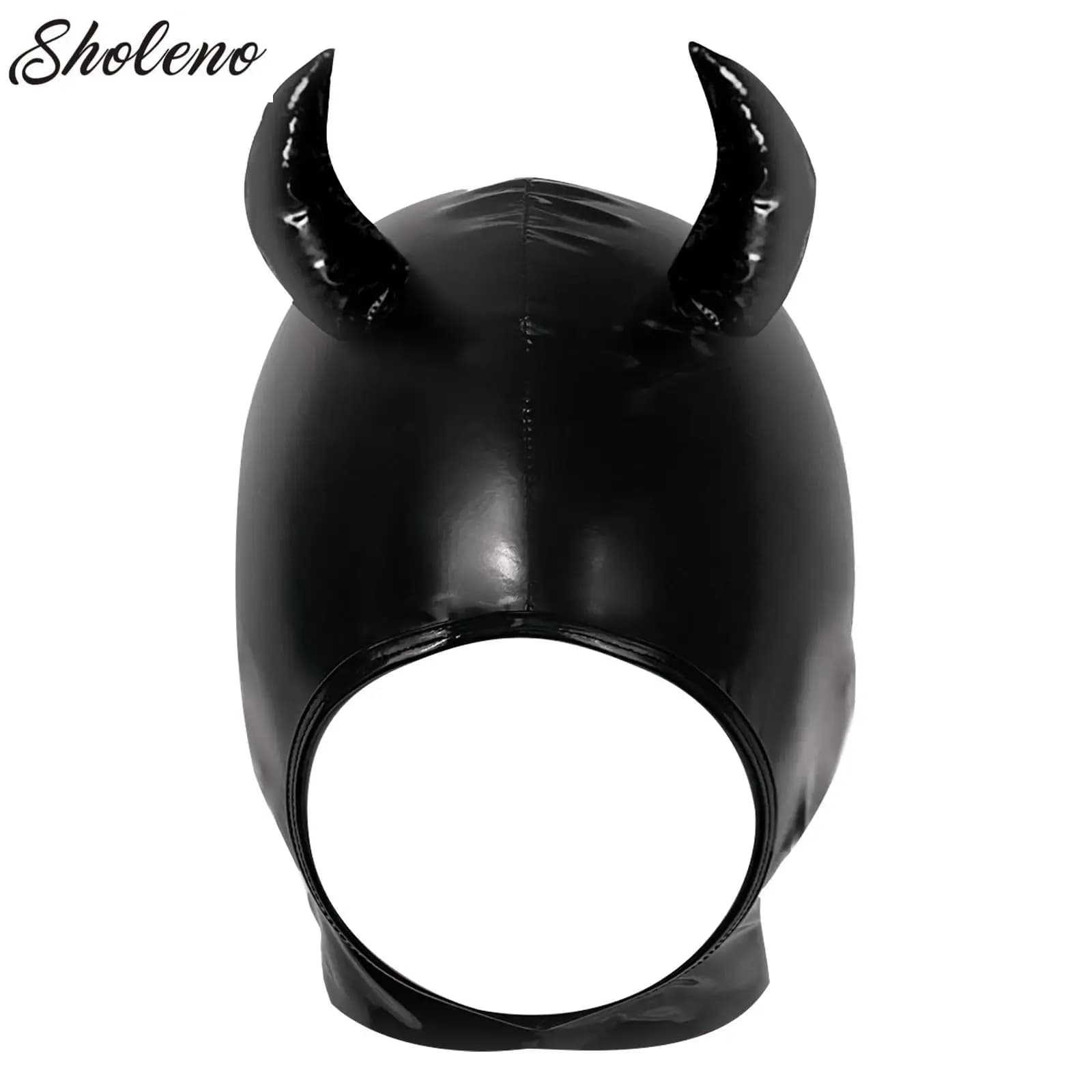 Cosplay Wetlook Cappuccio Testa Maschera in lattice Demone Diavolo Copricapo Testa in pelle PU 3 fori Copertura Maschera per il gioco Carnevale di Halloween