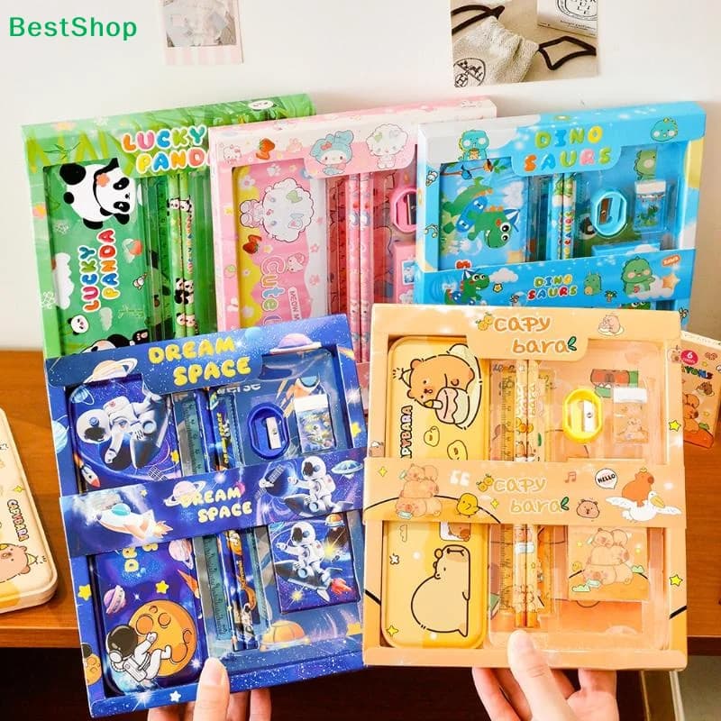♫7Pcs/set Cute Cartoon Capybara Pencil Ruler Crayon Eraser Stationery Sets Student Rewards Prizes Children's Learning Supplies