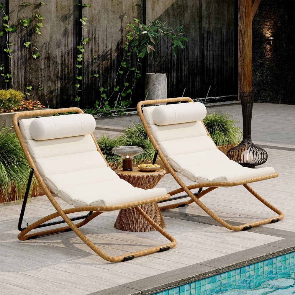 2-Pieces Outdoor Folding Chair, Rattan-Wrapped Patio Chair with Adjustable Backrest, Thick Cushion, and Detachable Headrest