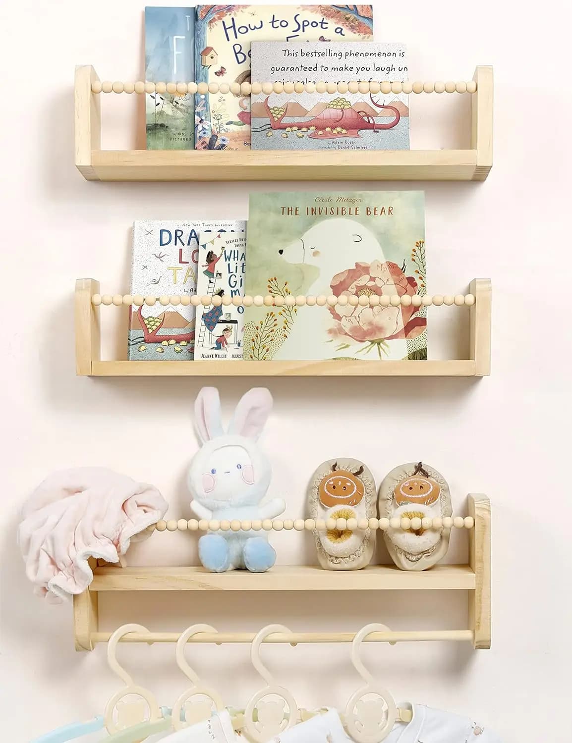 Set di 3 ripiani galleggianti in legno naturale con portasciugamani per cameretta dei bambini, camera da letto e cucina