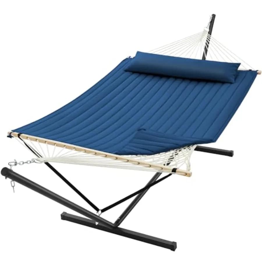 Amaca doppia da 3,6 m con supporto, amaca in corda per 2 persone, letto e cuscino staccabili, portatile, con corde di sicurezza anti-ribaltamento