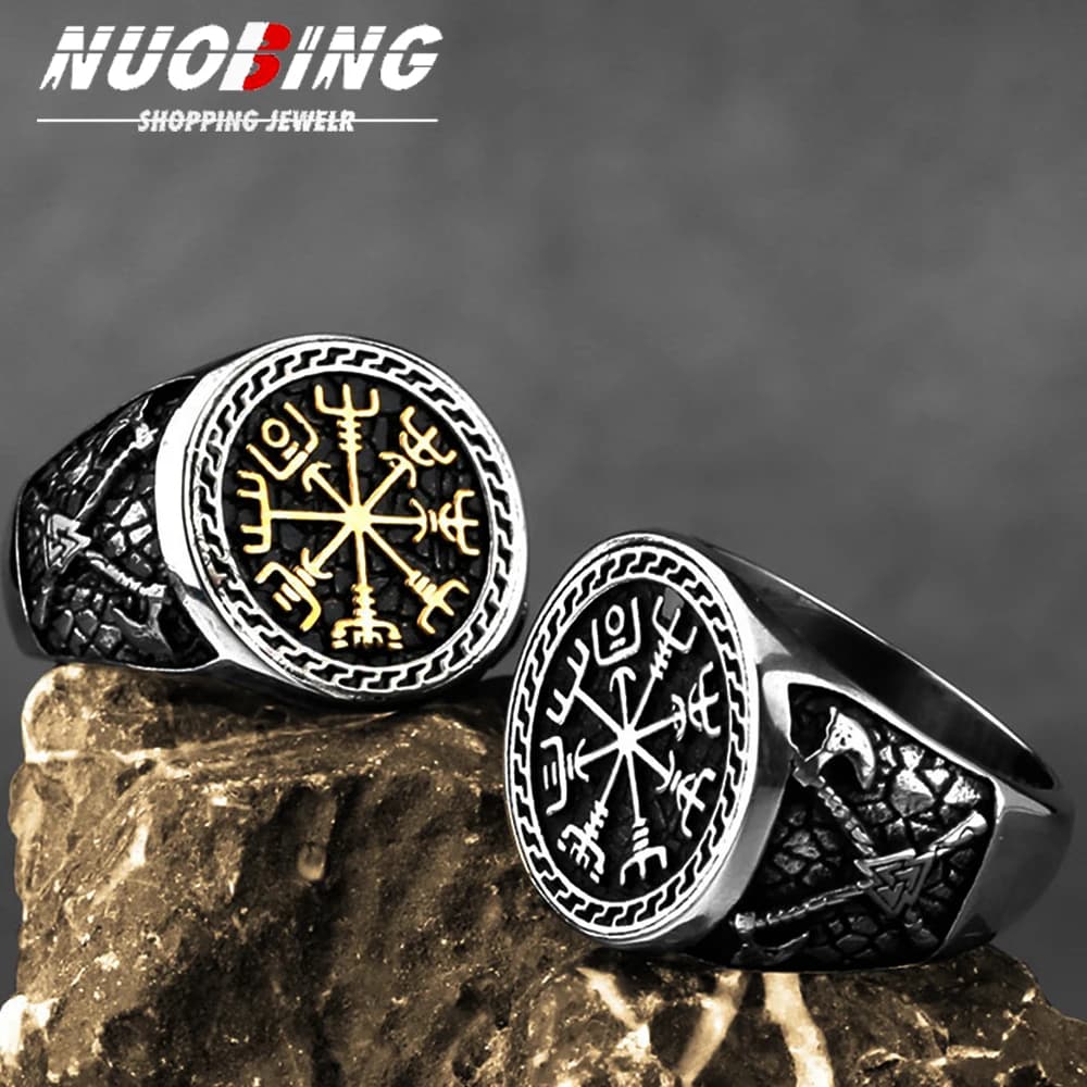 Anelli da uomo vichinghi vintage in acciaio inossidabile credenza etnica Nordic Odin bussola runa timbro anello amuleto accessori per gioielli