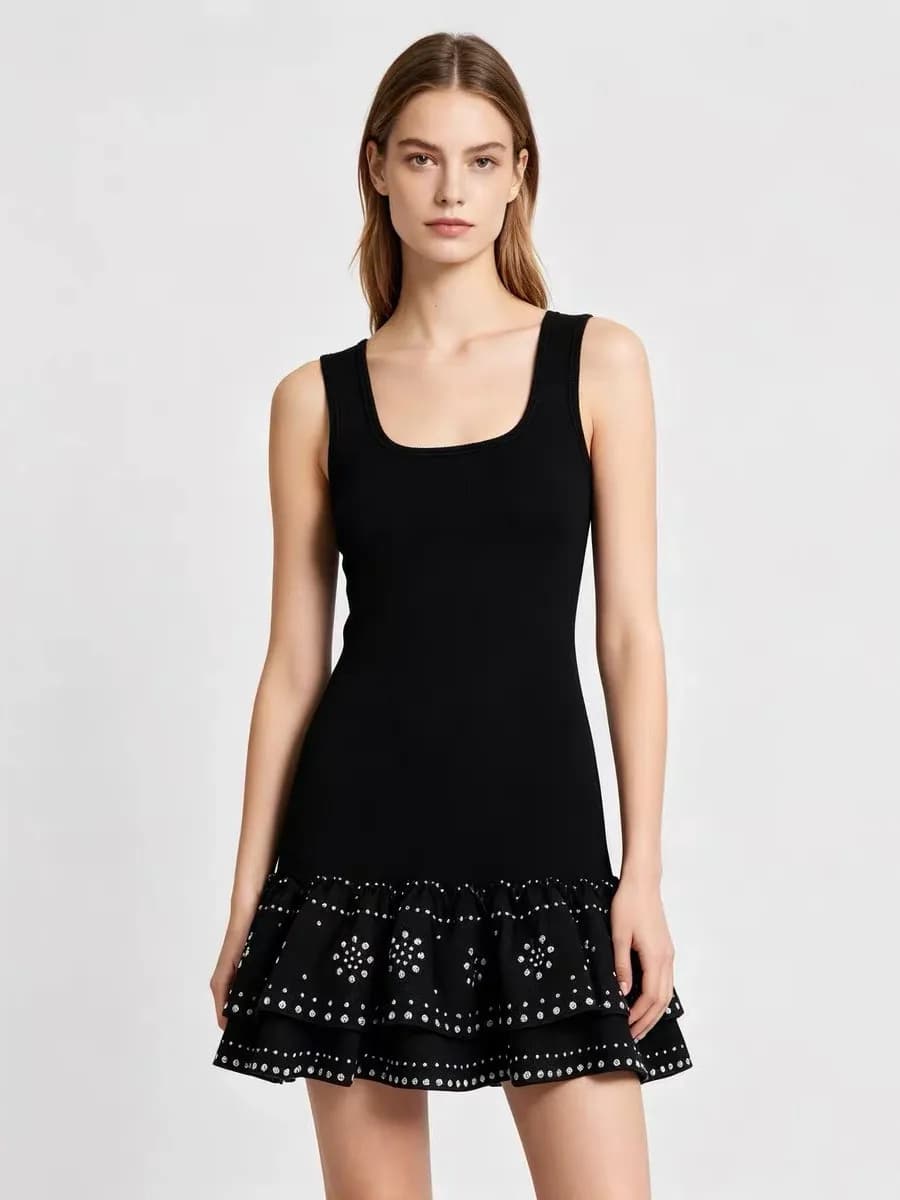 Elegant Black Sleeveless Short Dress with Rivet Decorations High Neck Knitted Casual City Walk Suitable Ladies Skirt