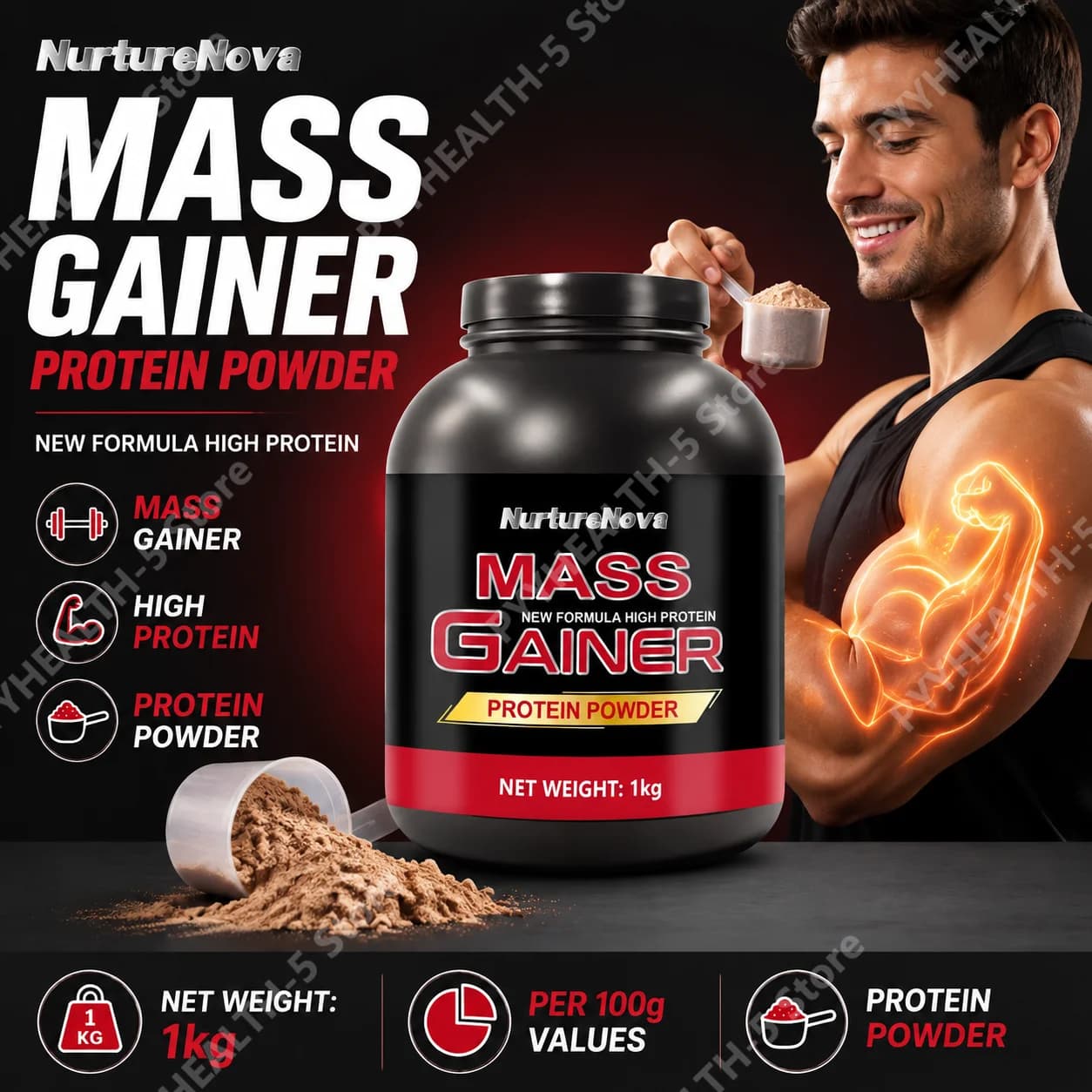 Mass Gainer Protein Powder, NurtureNova New Formula High Protein for Muscle Building Support, Sports Nutrition Supplement, 1kg