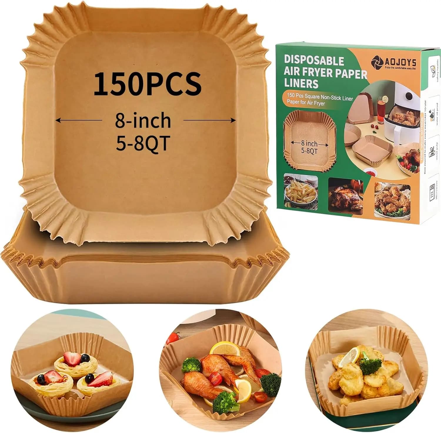 150 Pezzi di Fogli di Carta da Forno Monouso per Friggitrice ad Aria, Antiaderenti, Resistenti all'Olio, Quadrati da 8 Pollici, per Friggere, Cuocere, Arrostire, Utilizzo nel Microonde, per Friggitrici da 5-8QT