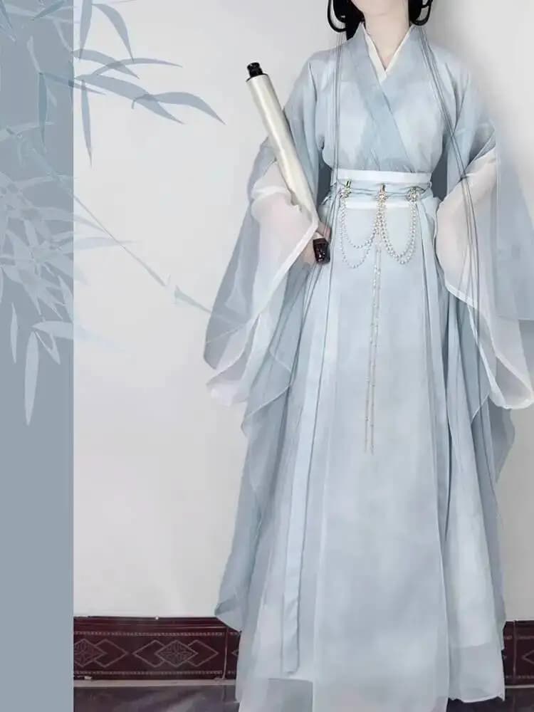 Wei Jin Qing Cool Style Hanfu da donna, colletto incrociato azzurro, maniche larghe, lunghezza vita, Petite per adulti, simile a una super fata,