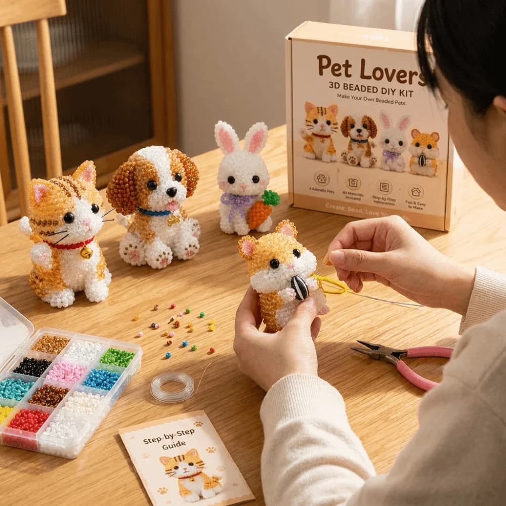 Handmade DIY Animal Bead Embroidery Kit Colorful Tiny 3D Bead Pet Keychain Making Kit Educational Mini Beadwork Art Craft Set