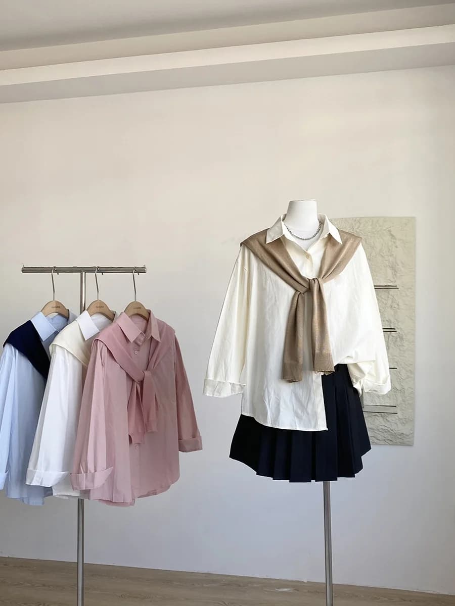 Spring 2025 Loose Casual Pure Color Mid-Length Single-Buttoned Women's Shirt Jacket Matching Shawl Fashion Set for Young Women