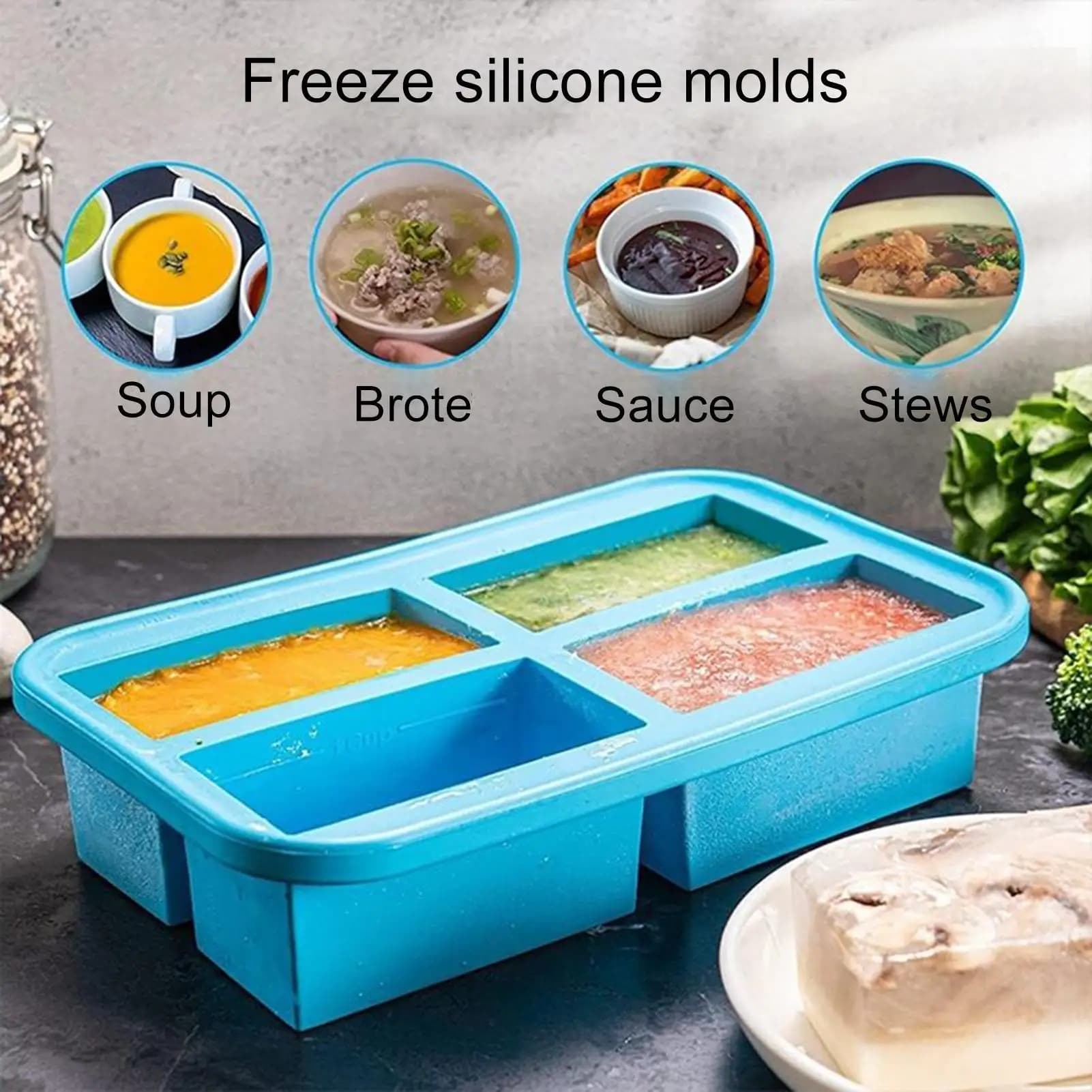 Contenitori per Zuppa e Salse con Coperchio, Vaschette in Silicone per Congelatore, Grandi Stampi per Congelare Zuppa e Ghiaccio, 4 Cubetti