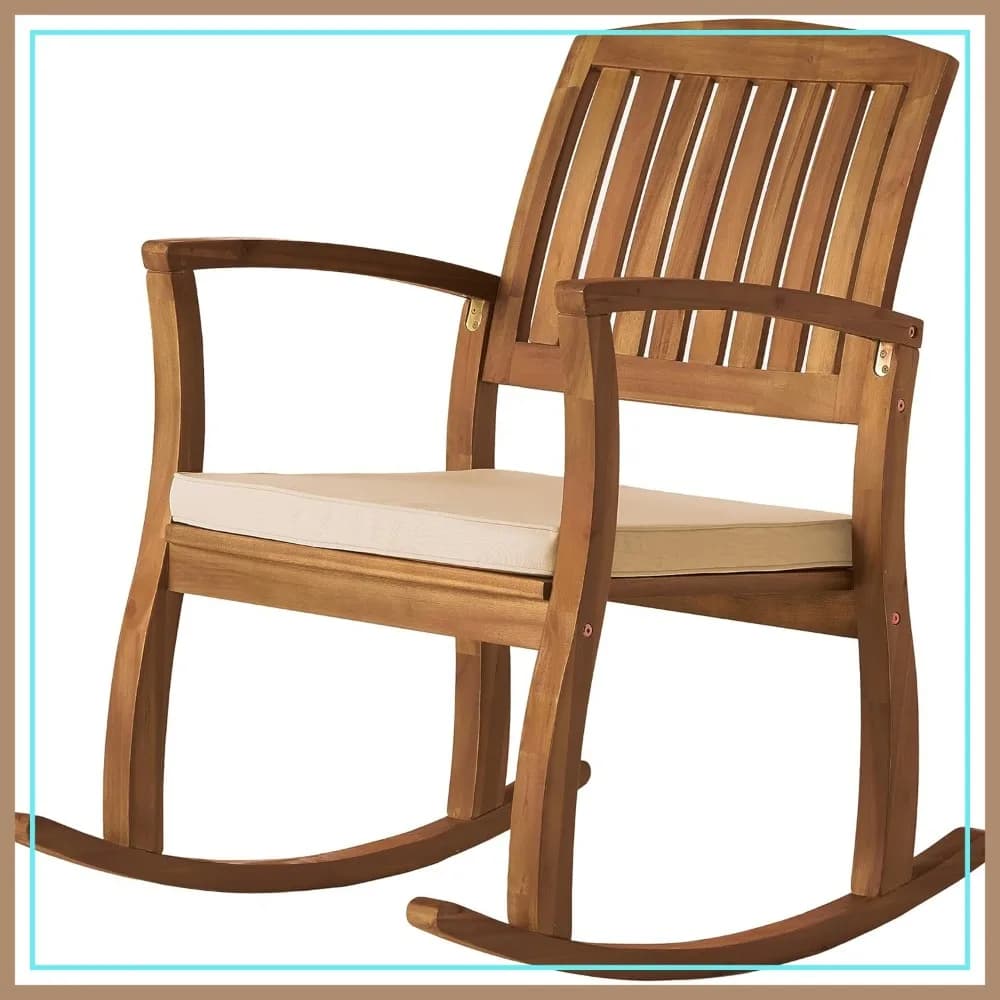 Sedia a dondolo in legno di acacia con cuscino, finitura in teak, comoda seduta per esterni
