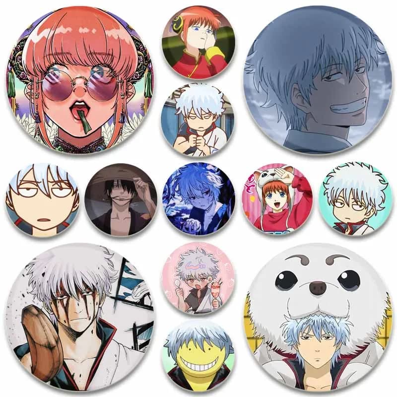 Anime Gintama Brooches Sakata Gintoki/Kagura/Shimura Shinpachi Cartoon Badge Jacket Jeans Lapel Pin Gift Bag Accessorie