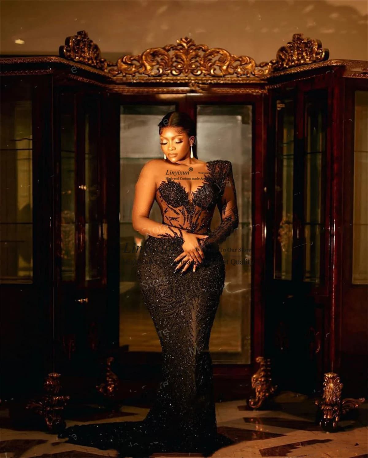 Glitter Black Luxury Mermaid Prom Dresses Sequins Long Sleeve Formal Evening Party Gowns African Women Customized Robe De Soiree