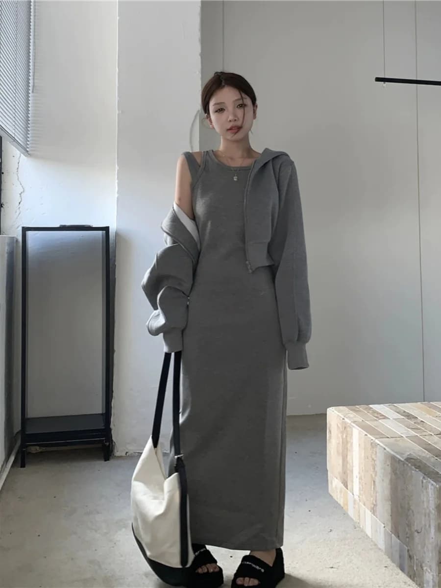 plus Size Casual Grey Hoodie And Shorts Set Spring New Style Women's Fashion Ensemble High Waist A-Line Skirt Long Sleeve