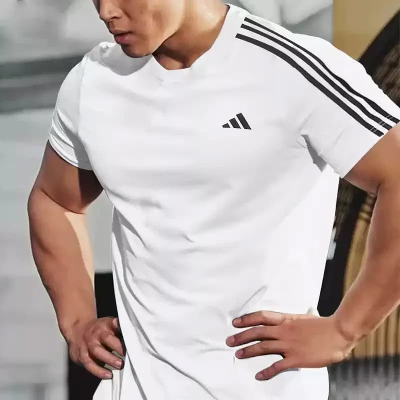 T-shirt da corsa Adidas per uomo, abbigliamento sportivo fitness, top traspirante a maniche corte con scollo rotondo IB8151