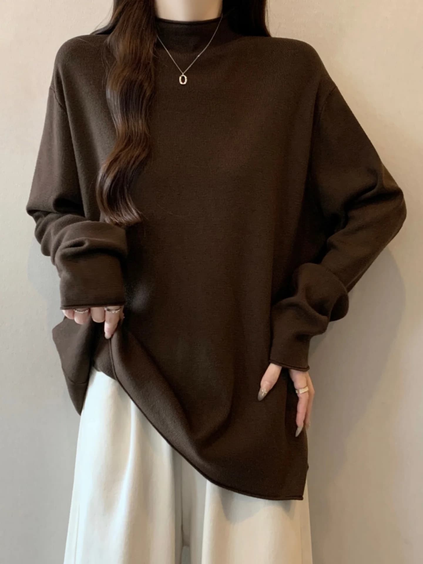 Retro Coffee Knitted Base Shirt Women's Inner Wear Loose Half High Collar Spring Autumn plus Size Conceals Belly Slimming Top