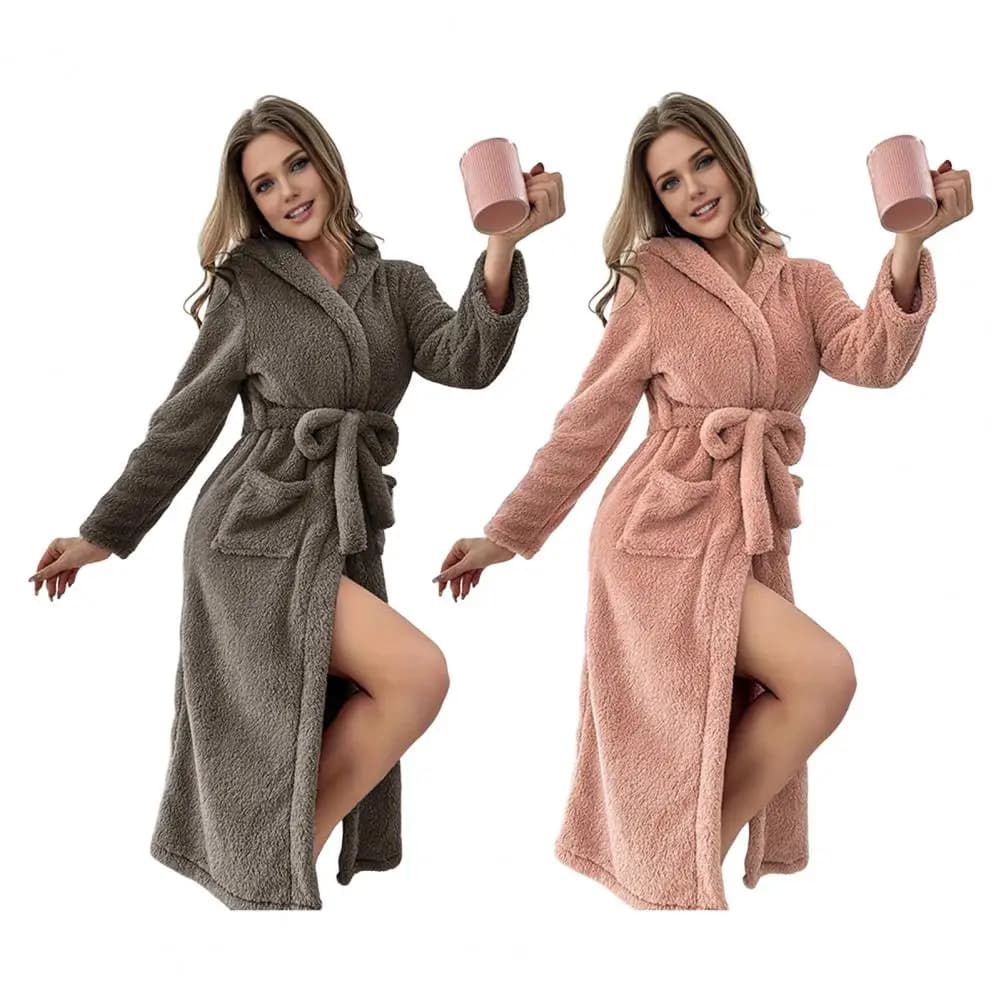 Camicia da Notte in Flanella Tinta Unita per Donna Autunno e Inverno con Cappuccio Allacciatura Spessa Accappatoio Pigiama Caldo con Tasche