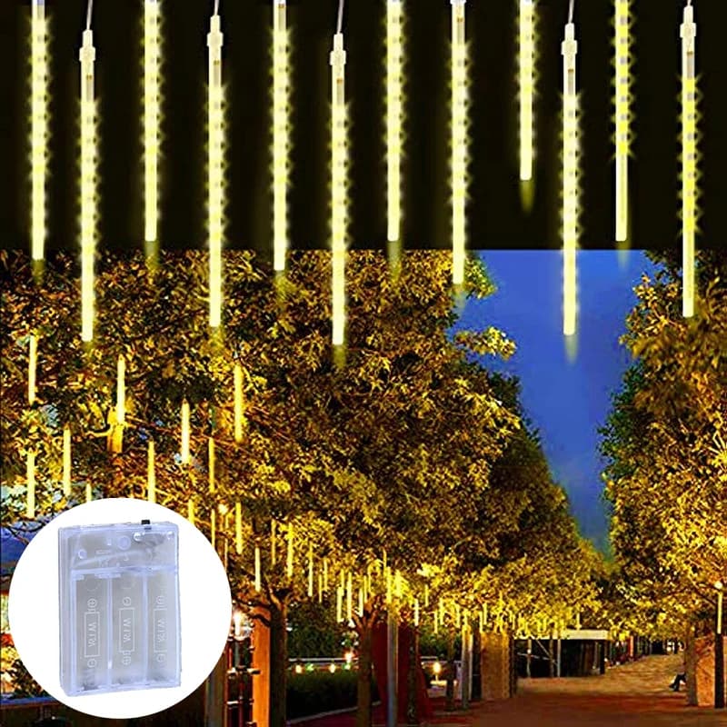 Luci a Cascata Meteorica 192 LED, Alimentate a Batterie AA, 8 Tubi, Luci Decorative per Feste, Giardino, Esterni, Strade, Alberi, Matrimoni