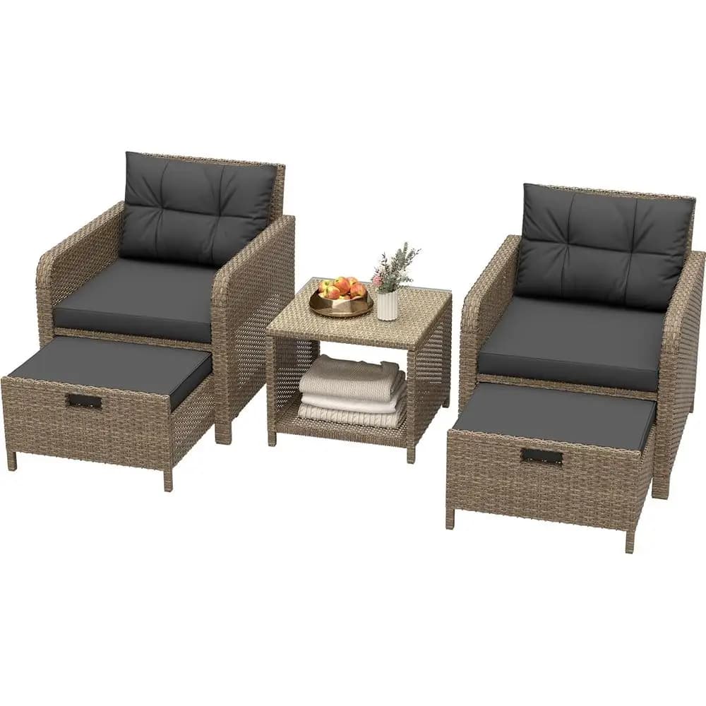 Garden Furniture Set in 5 Pieces with Lounge Chairs in Rattan, Tempered Glass Table, Pouf and Outer cushions