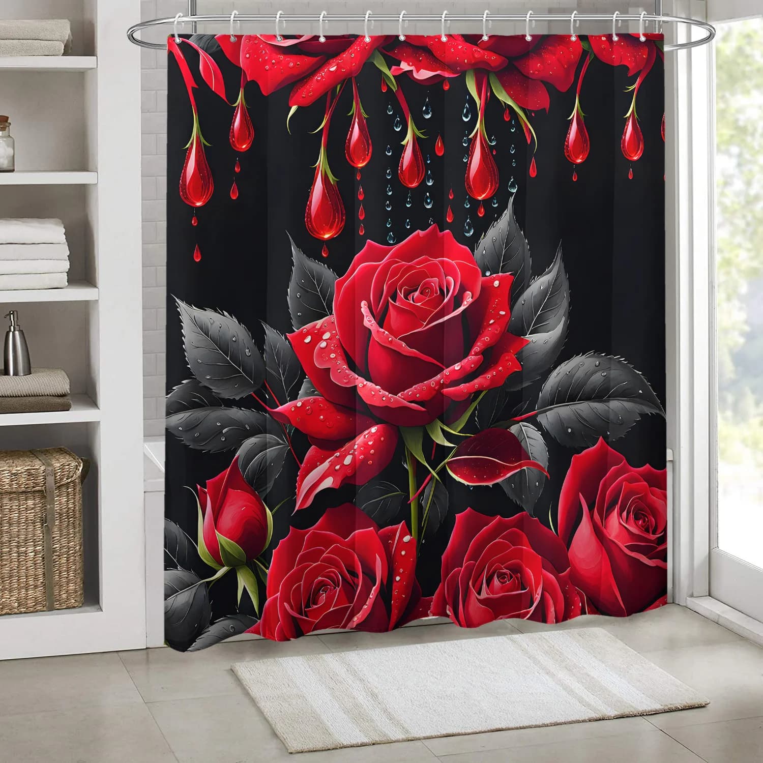 Tenda da doccia con rosa rossa Sfondo nero Gocce d'acqua Design artistico Tessuto impermeabile Decorazione da bagno romantica