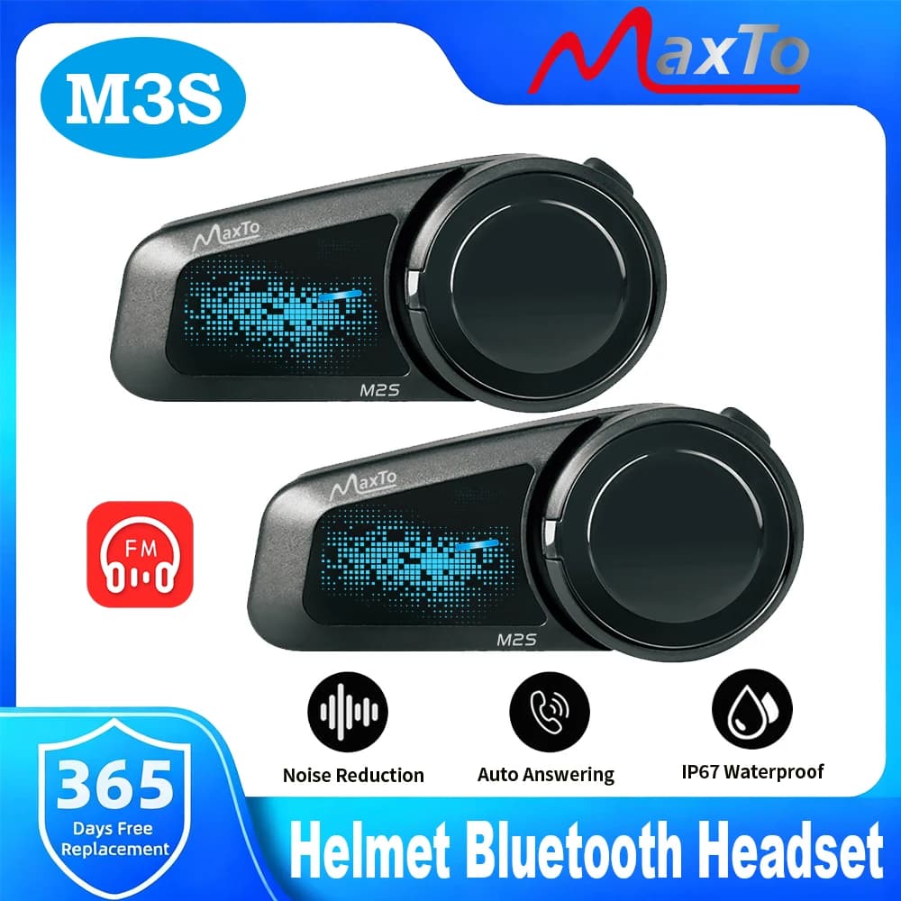 Interfono Bluetooth per Casco Moto Maxto M2S con Riduzione del Rumore, Lettore Musicale, Risposta Automatica, Impermeabile IP67, Radio FM e Comandi Vocali