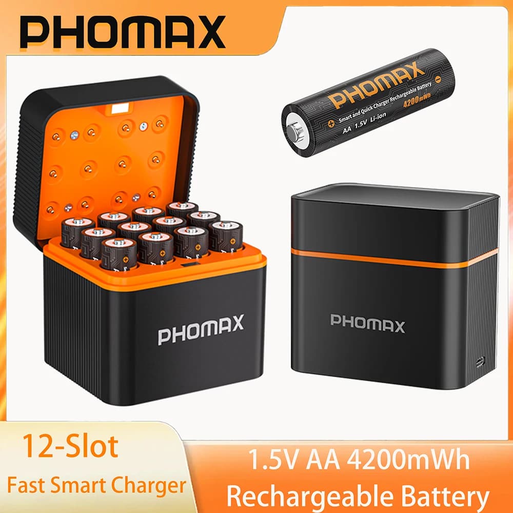 PHOMAX lithium battery with intelligent 12 slot charger rechargeable 1.5 V AA 4200 mWh battery for smoke alarm for car toy lighthouse