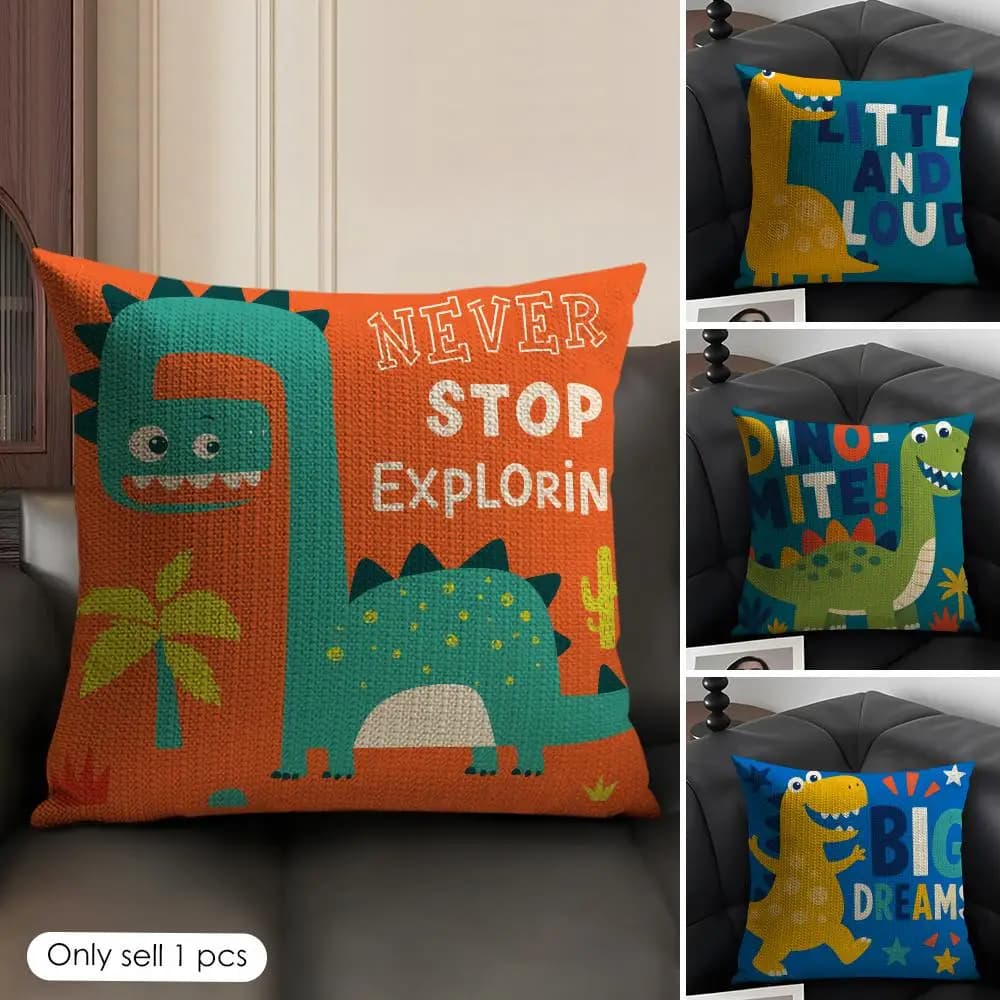 Cartoon Dinosaur Print Cushion Cover Natural Linen Organic Fabric Double Sided Print Sofa Pillow Case Home Decor Gift