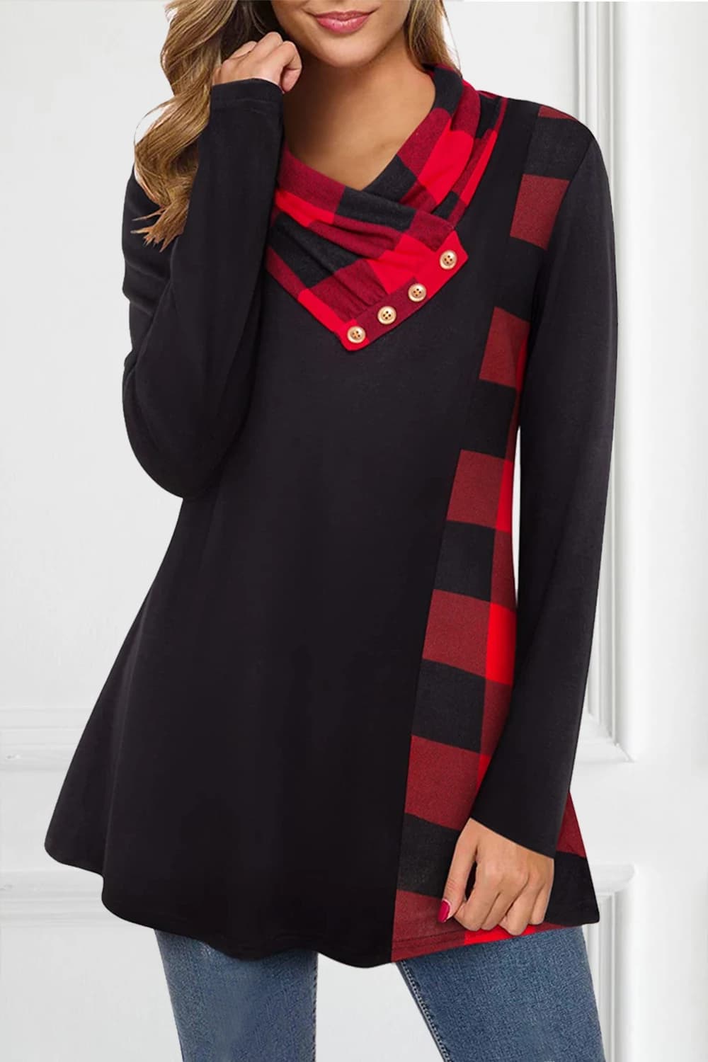 Shirt with patchwork buttons with black Scottish print casual strong sizes Flycurvy
