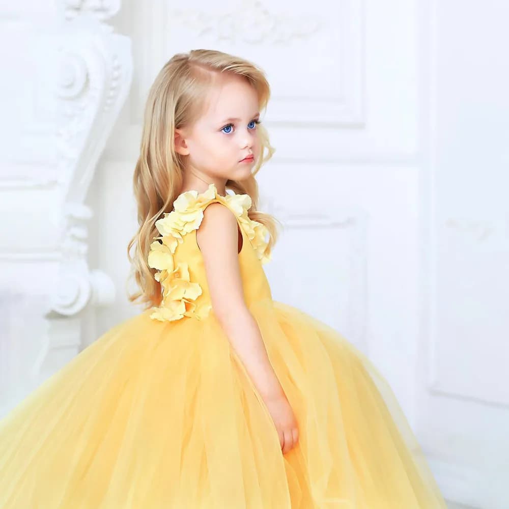 Abito da ragazza di fiore gonfio in tulle con applique 3D personalizzato, lunghezza del pavimento, abito da ballo per spettacolo, compleanno per bambini, matrimonio, abito da comunione