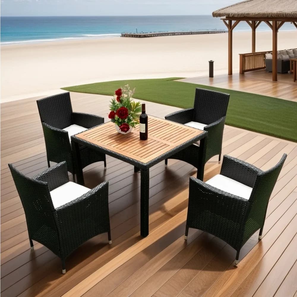 Set da pranzo da patio da 5 pezzi, tavolo da pranzo e sedie in vimini per 4 persone con cuscini