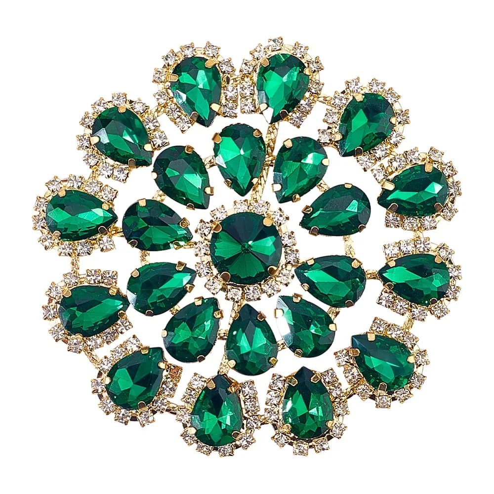 Brass Rhinestone Applique Round Flower Sew on Base for DIY Dress Bags Shoes Green 85x6.5mm