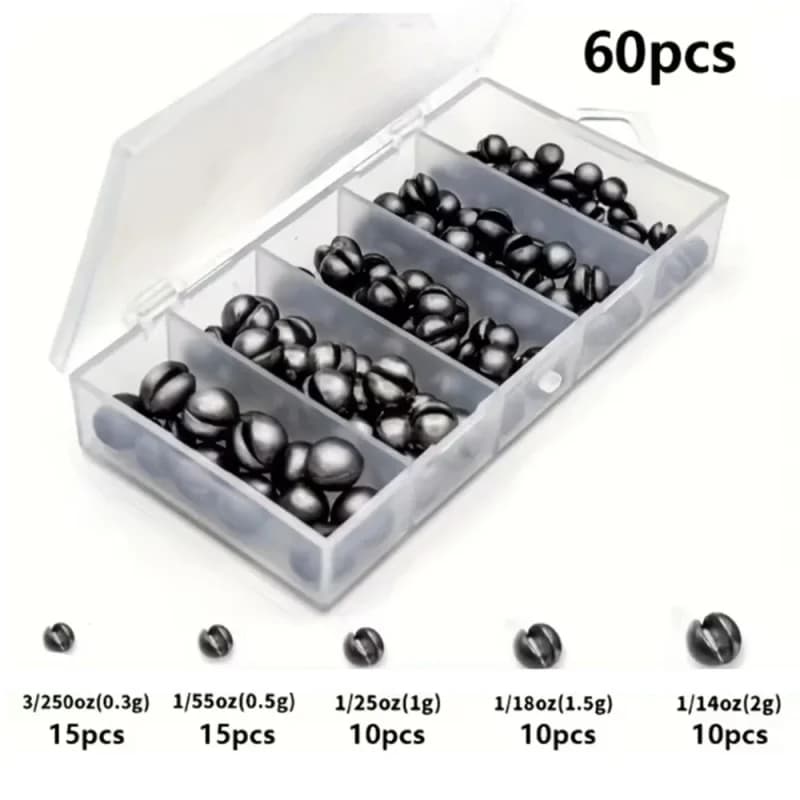 60/120Pcs Open Split Lead Sinker Set, Round Bare Clip Lead Weight, Raft Fishing Bite Lead Drop Fishing Tackle Accessories