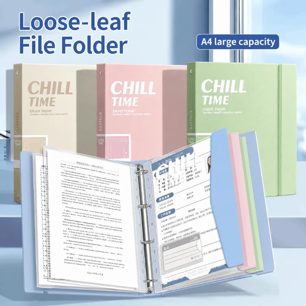 Waterproof Morandi A4 File Folder with 4 Clear Pocket with Elastic Strap Binder Loose Leaf Paper Organizer Folder Students